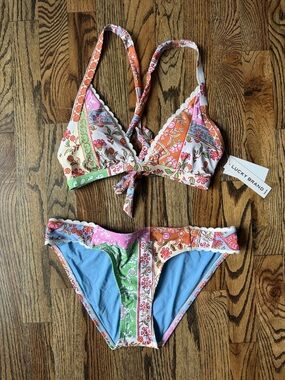 Lucky Brand Patchwork Floral Tie-Front Bikini in Pink, Orange, Green & Blue
